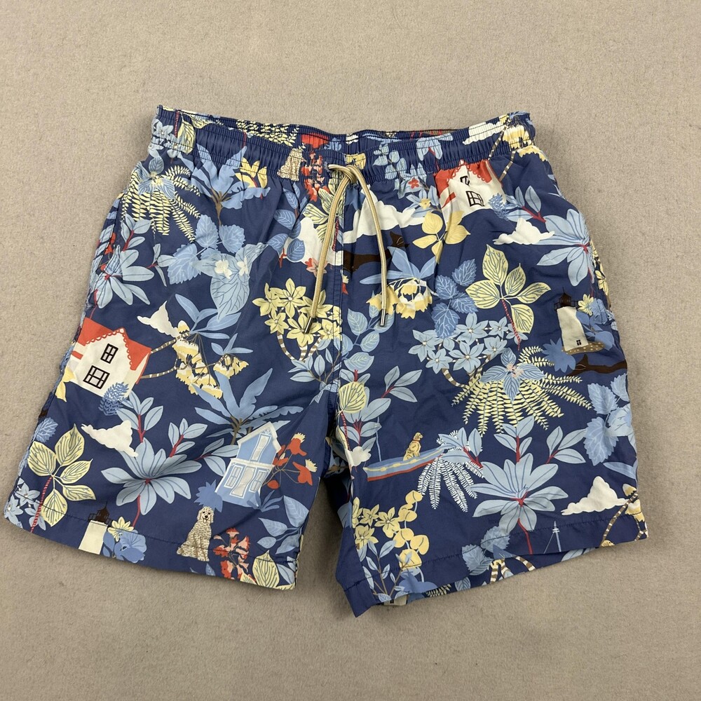 McLaughlin Swim Shorts Men Small Blue Floral Tropical Print Mesh Liner Pockets S